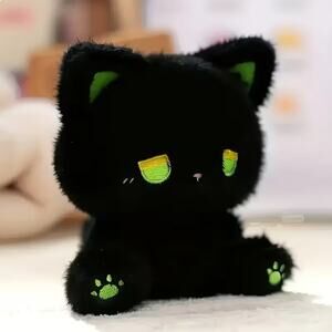 Emo Cute Sad Kitty Black & Green Cat Plush Toy (8 in)